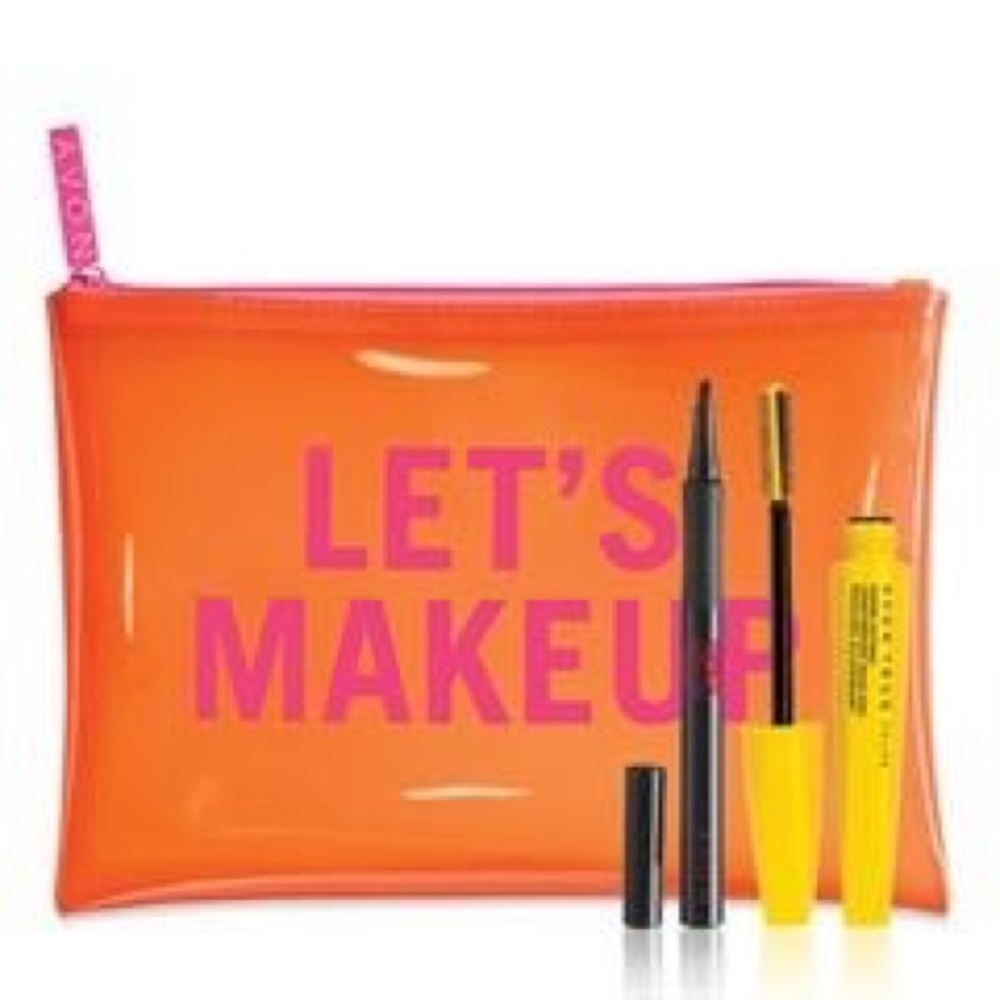 Makeup bag, mascara, and eyeliner